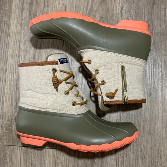 Sperry Shoes - Sperry Duck Boot, Rain Boot, Green/Beige/Pink, 11 (Women’s)